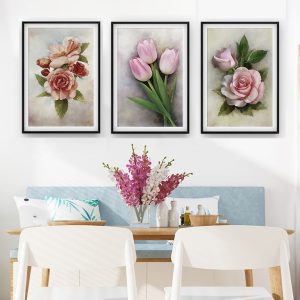 bộ 3 tranh canvas hoa hồng và hoa tulip