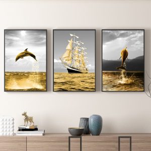 bộ tranh canvas cá heo và thuyền buồm