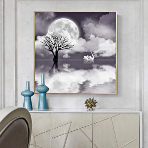 Tranh đen trắng hươu và trăng